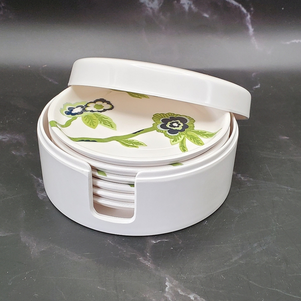 Navy / Green Floral Melamine Coasters, Set Of 6 With Covered Case Holder